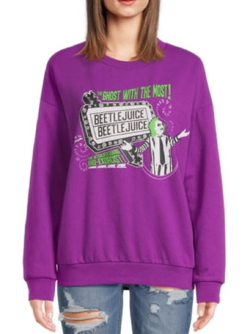 Beetlejuice Show Time Purple Graphic Sweatshirt
